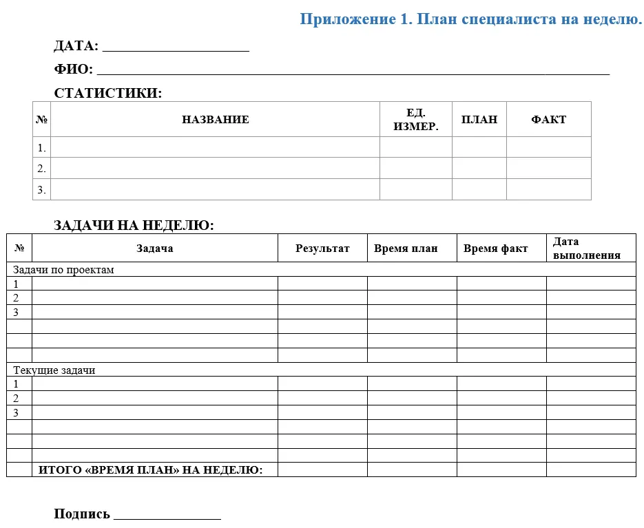 План специалиста на неделю